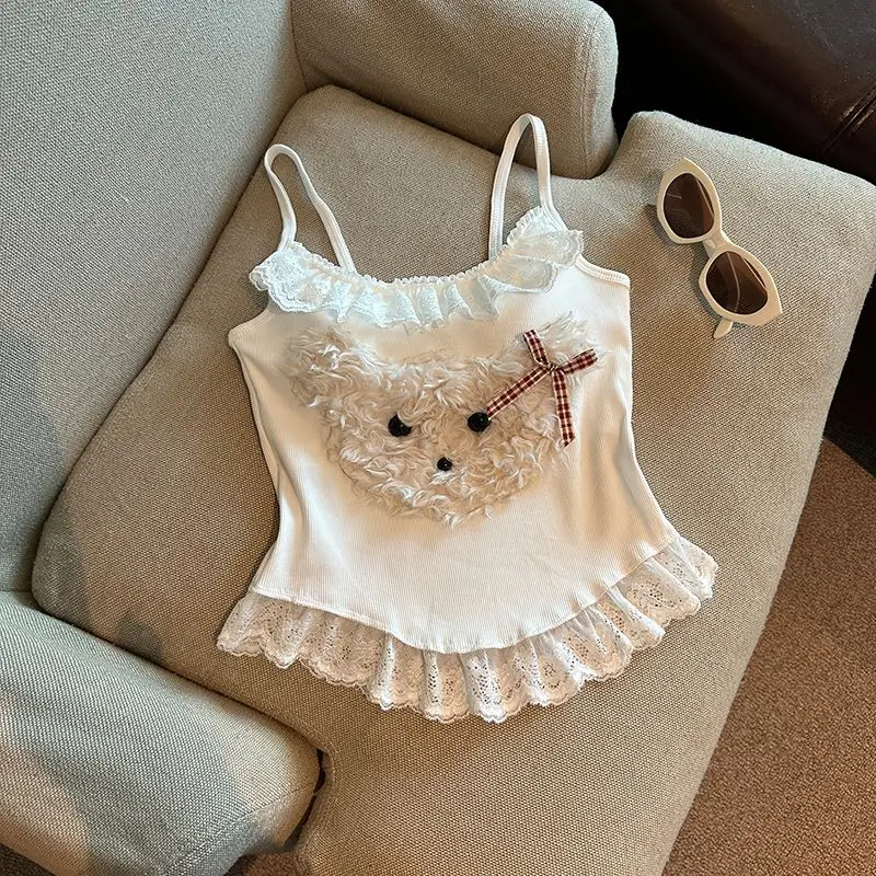 

Vintage Elegant Sweet Women Vest White Lace Trim Sleeveless Casual Female Tops Cute Bear Pattern Bow Design Ruffle Outfits 2025