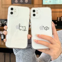 Cute Fish Cat Transparent Lovers Couple Phone Case For iPhone 16 15 14 13 11 12 Pro Max 13Mini SE 7 8 14 Plus Clear Cover Fundas
