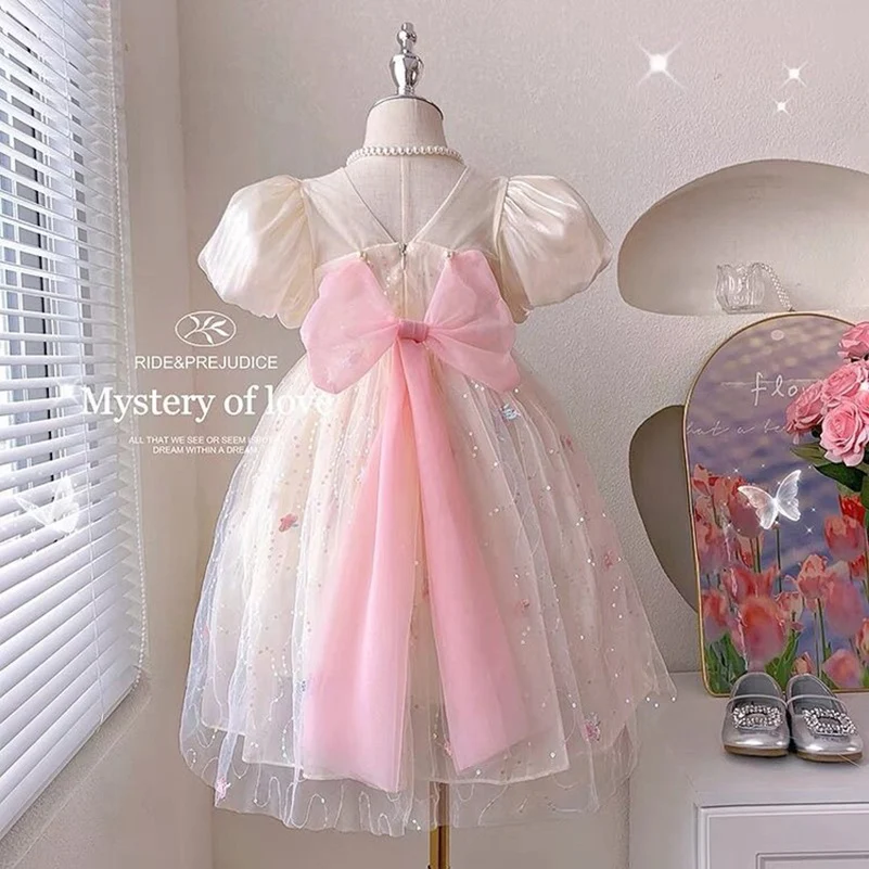 Summer 2024 Girls and Children\'s Leisure Bubble Sleeve Bow Lace Round Neck Dress Princess Dress Children\'s Clothing