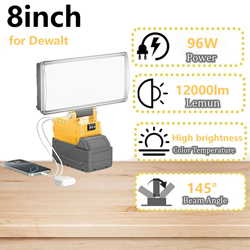 

Портативный фонарик 96 Вт, 12000 лм для Dewalt, литий-ионный аккумулятор 18 В, 8-дюймовый светодиодный прожектор для рабочего освещения с 2 портами USB, аварийный кемпинг