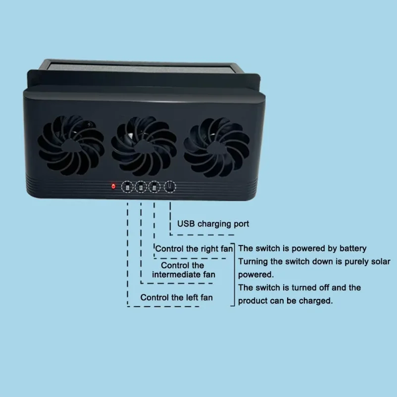 Solar Powered Car Radiator Cooling Fan With 3 Air Outlets Car Window Air Vent Fan USB Powered Auto Ventilation Fan For All Cars view 6