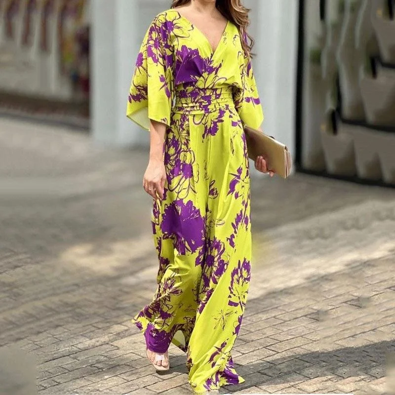 

High Waist Printed Jumpsuit Women's Faion Comfortable Nine-Piece Pants Polyester Fiber Thin Sle Commute Spring Season