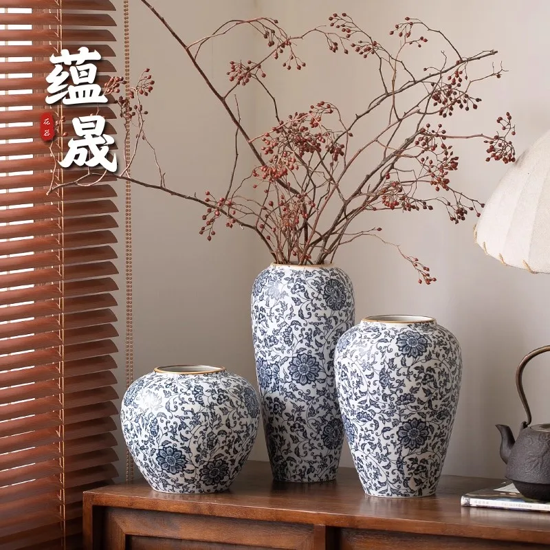 

Jingdezhen New Chinese Ceramic Vase Blue and White Porcelain Entangled Lotus Retro Dry Flower Hydroponic Flower Utensils Home De