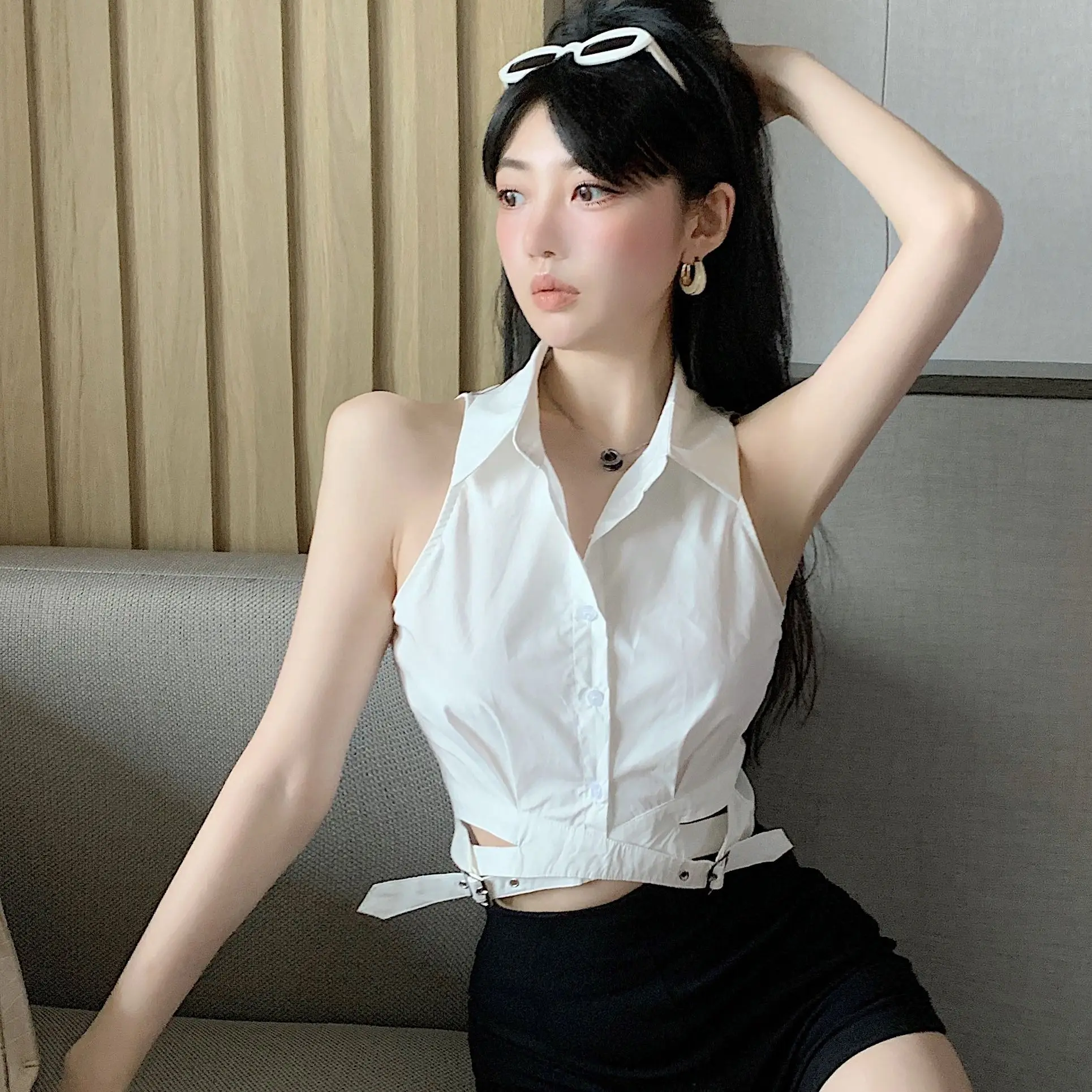 Chic Hot Girl Temperament Polo Kraag Shirt Mouwloos Vest Dames Onregelmatige Korte Top