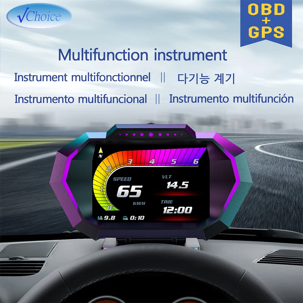 P24 HUD Head Up Display OBD + GPS on Board Computer Digital Speedometer Alarm KM/H MPH Water Temp Fuel Consumption Slope Meter