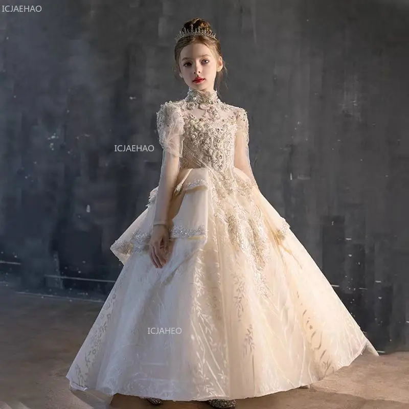

Children Princess Long Sleeve Wedding Birthday Pageant Party Beads Lvory Evening Gown Dresses Costume Lace Arabic Girl Dress