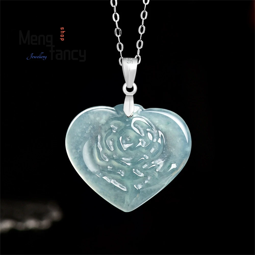 

Natural A-Grade Jade Blue Water Heart Rose Jade Pendant S925 Silver Inlaid Ice Seed Pendant Fashionable Women's Style Elegant