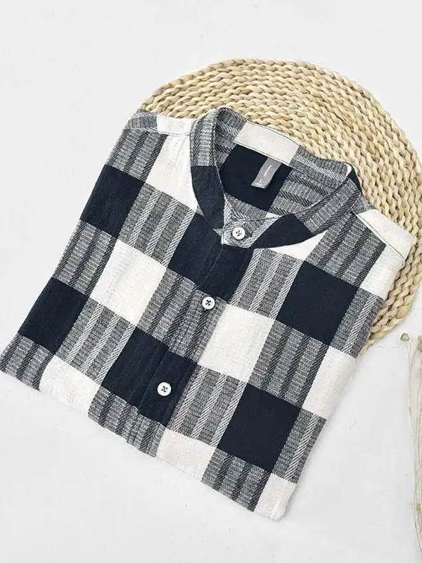 

New Men's Cotton Linen Plaid Casual Shirt Loose Fit Fake Two-Piece PU Leather A-Line Sleeve Thin Material Autumn Spring Wear