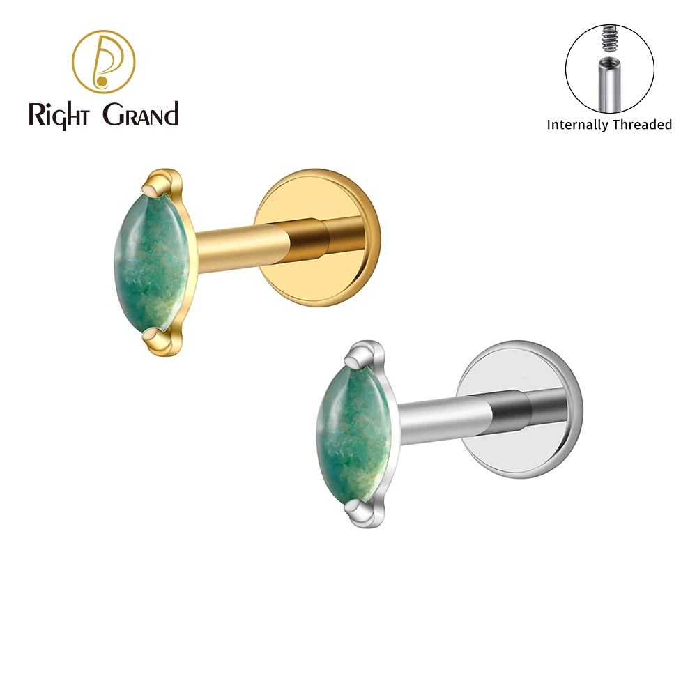 Right Grand ASTM F136 Titanium 16G Marquise Moss Agate Cartilage Earring Helix Stud Tragus Conch Stud Flat Back Ear Piercing