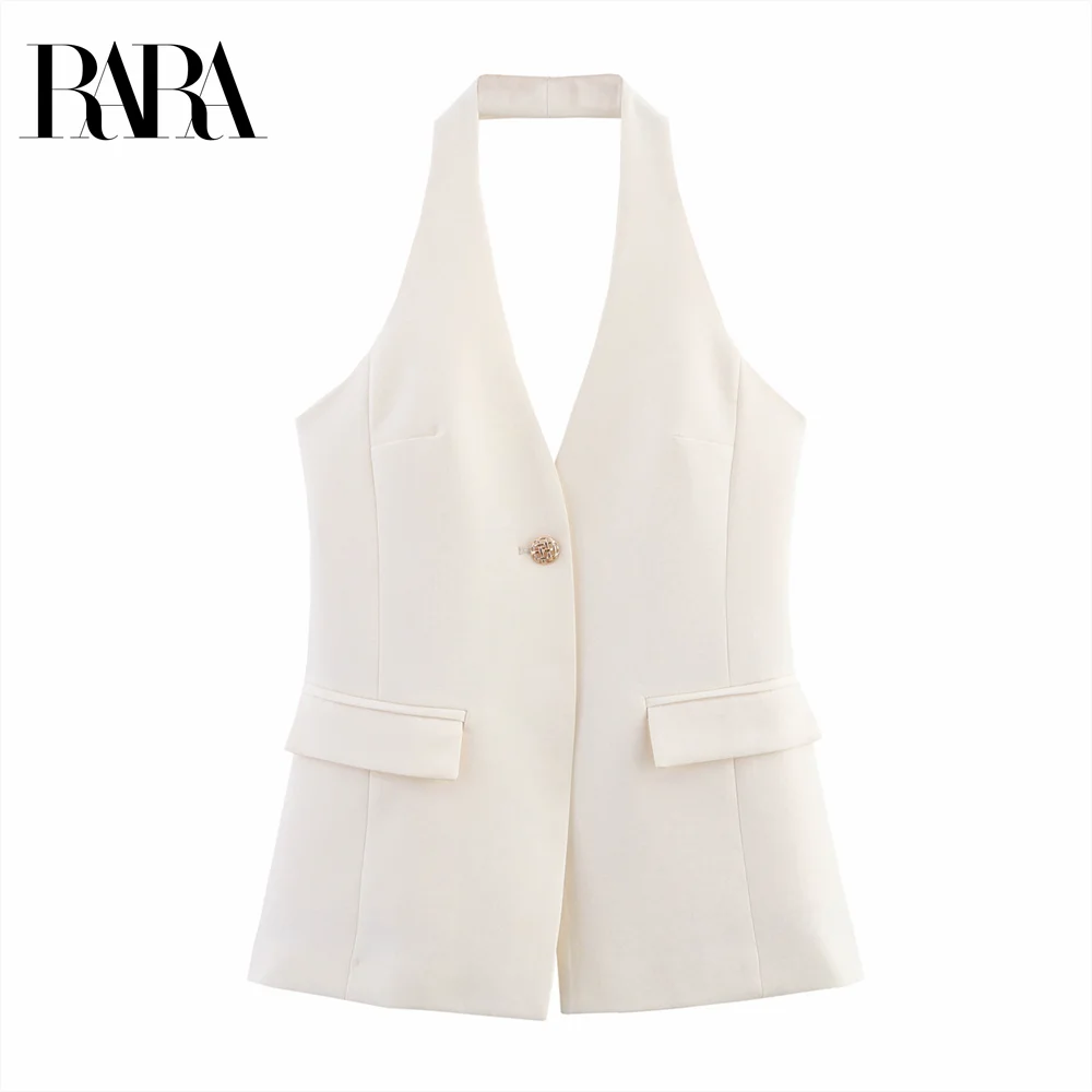 

2025 RARA Summer New Women's Fashion Casual Simple Versatile One Button Hanging Neck V-neck Sleeveless Tank Top Vest Top