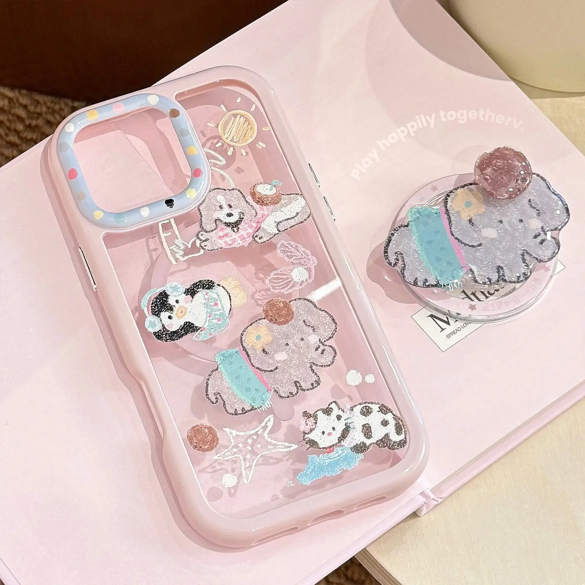 Koreanische Cartoon Drehen Elefanten Halter Magnetische Telefon Fall für iPhone 17 16 15 14 13 12 11 Pro Max Klare Acryl stoßfest Abdeckung