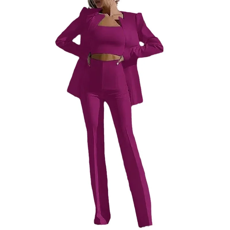 Three Piece Sets Women Full Sleeve Coats Blazer Strapless Long Pants Suits Solid High Waist Trousers Elegant Office Lady