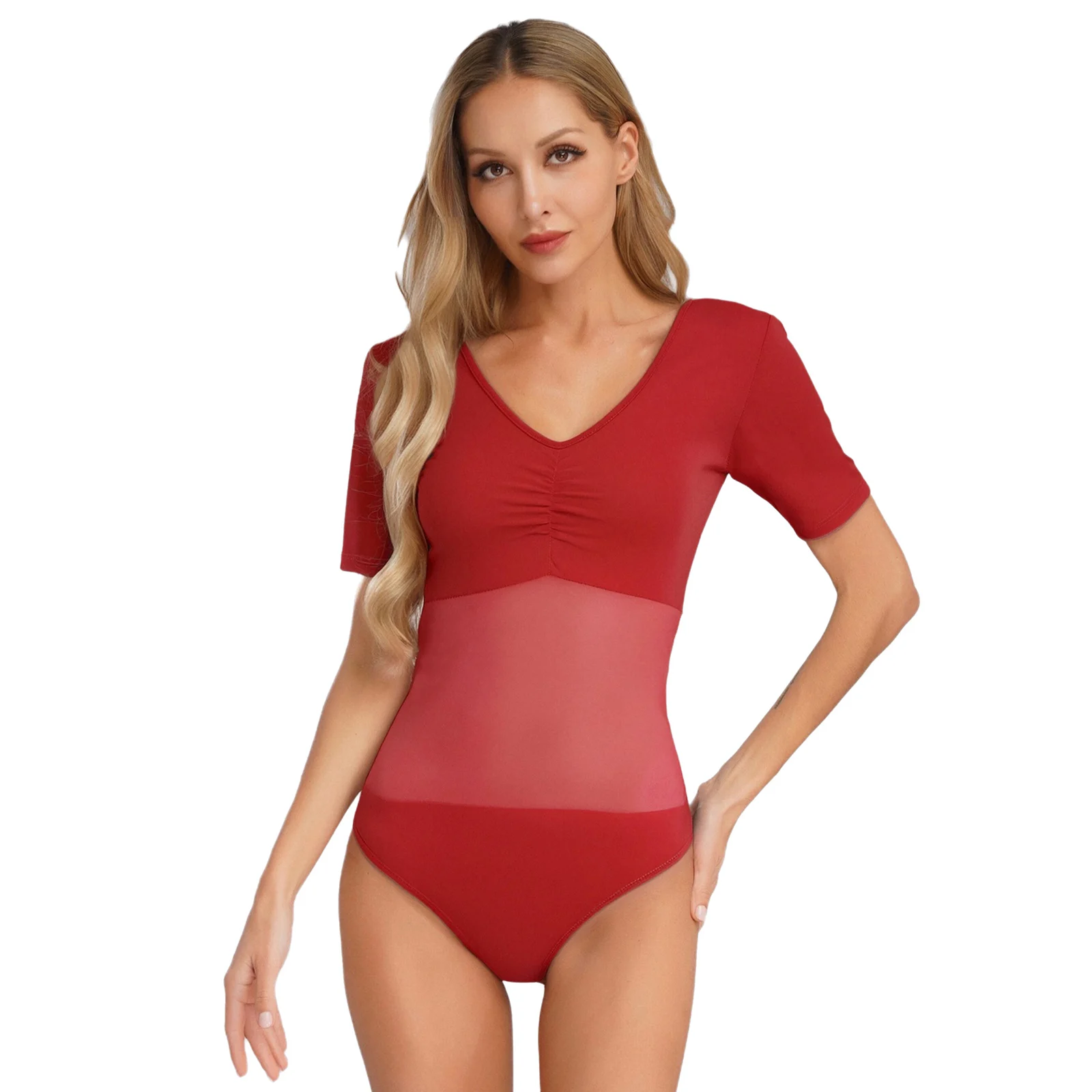 

Womens Ballet Warm-up Dance Leotard Short Sleeve Mesh Spliced Button Crotch Bodysuit Jumpsuit Belly Modern Pole Dance Costume