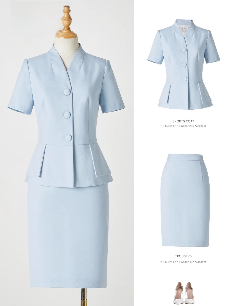 Xiangchun Bird Host Business Commute High End Blue Professional Suit Set Women Summer High Fashion Suit Jacket And Skirt