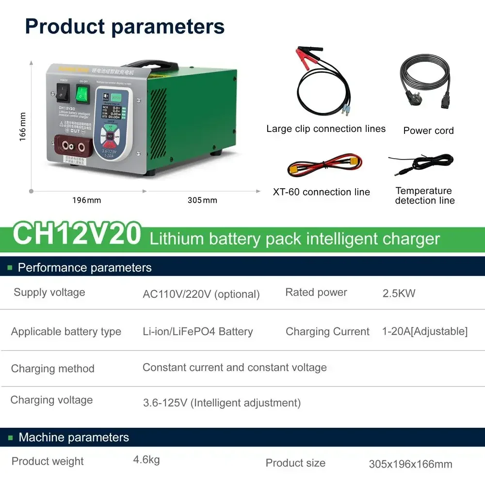 Gold Seller SUNKKO CH12V20 125V/20A Professional Lithium Battery Pack Intelligent Charger for Li-ion/LifePO4 Battery Modules