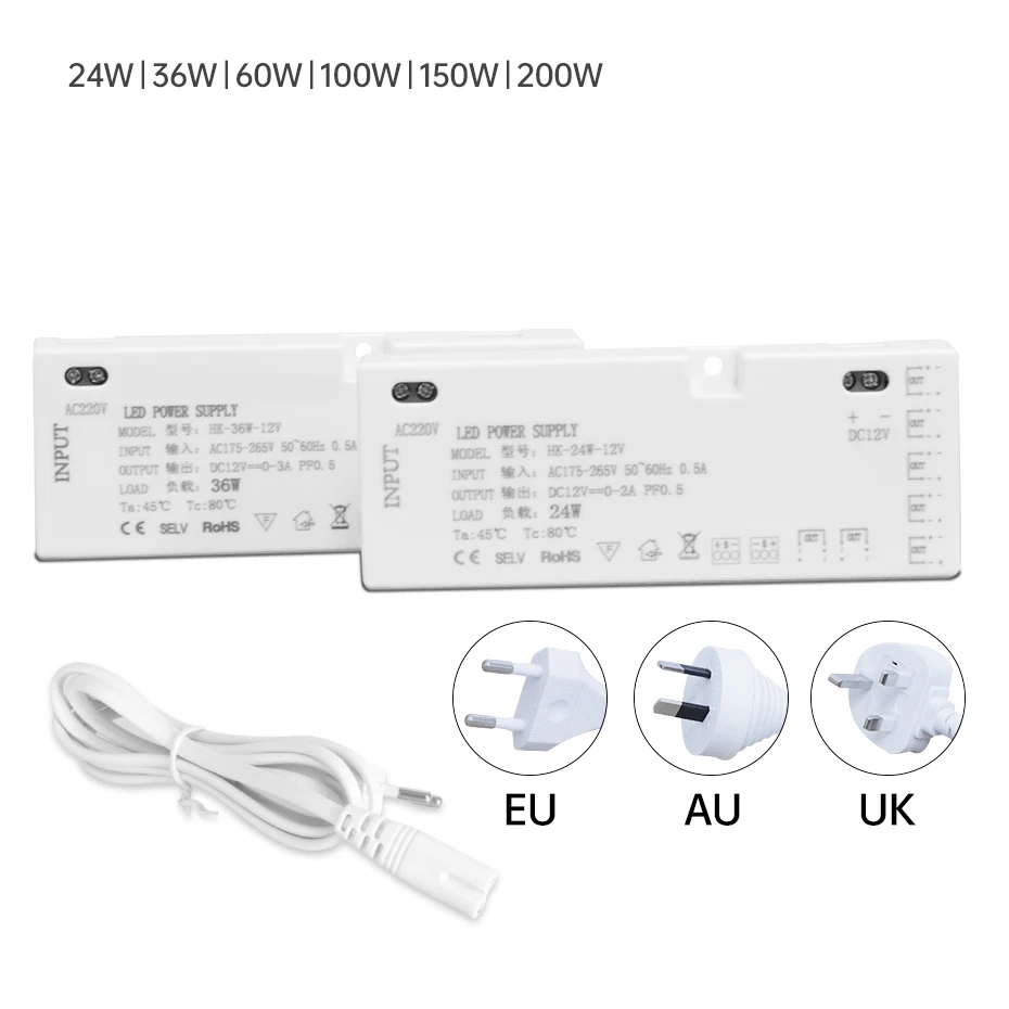Dupont Port Led Power Transformer 12V/24V EU AU UK Plug 24W/36W/60W/100W/150W/200W Power Adapter For Led Cabinet Light Strip