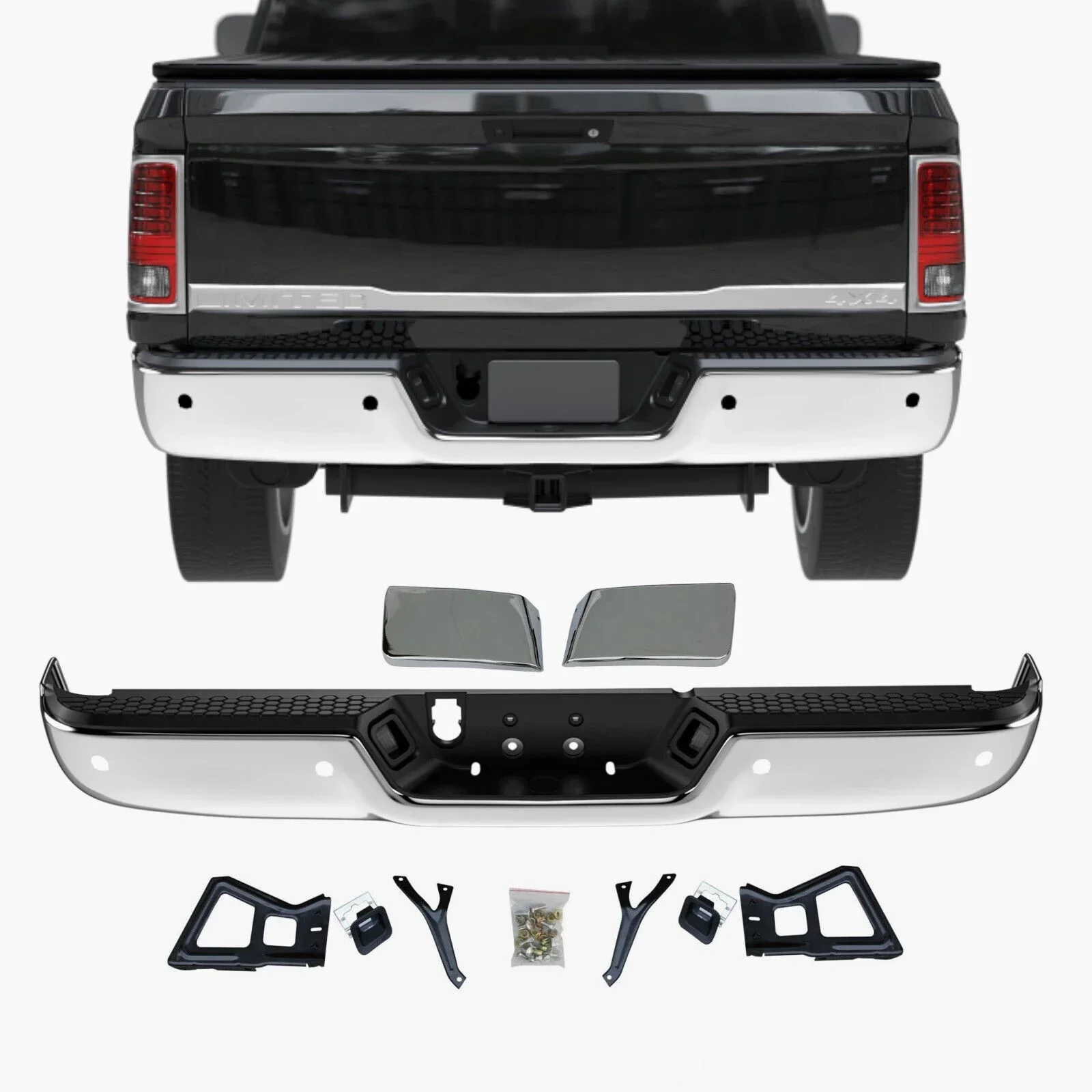 

USA In Stock Rear Step Bumper Assembly Chrome With Sensor Holes For Dodge Ram 1500 2009-2018