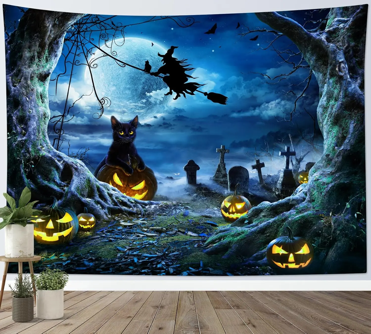 Bedroom Tapestry Dorm Tapestry Spooky Halloween Cat Wall Hanging Blue and Black 60x40 Inch