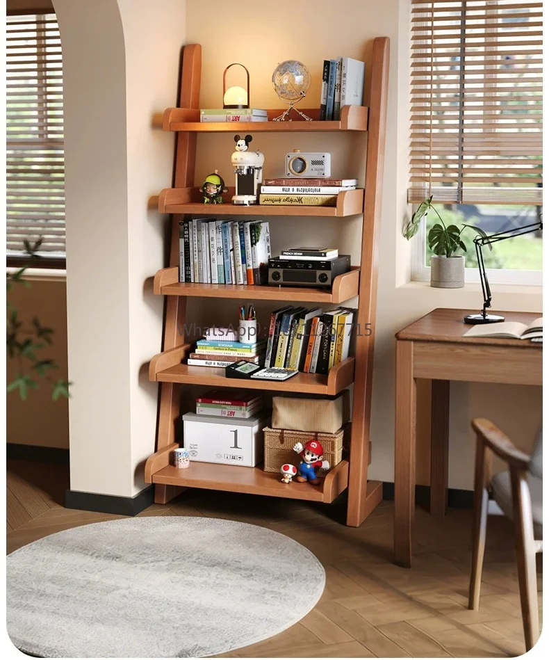 Solid Wood Trapezoidal Floor Standing Bookshelf Multi-layer Display Storage Rack Simple Wall Leaning Shelf for Living Room