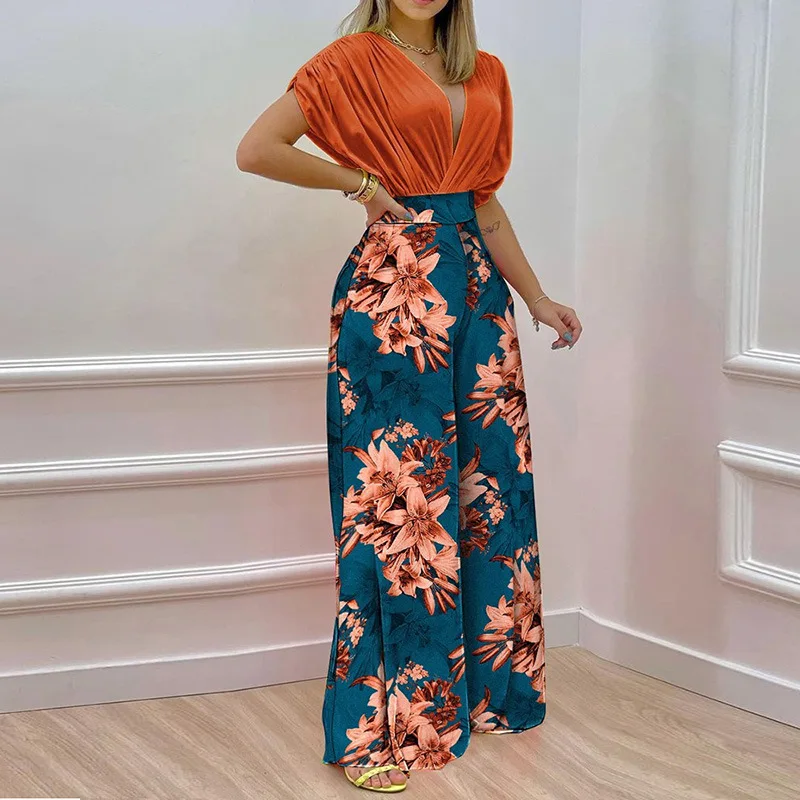 Women's Clothing 2022 Summer New Style Temperament V-neck Printed Wide Leg Pants Casual High Waist Loose Jumpsuit Large Size