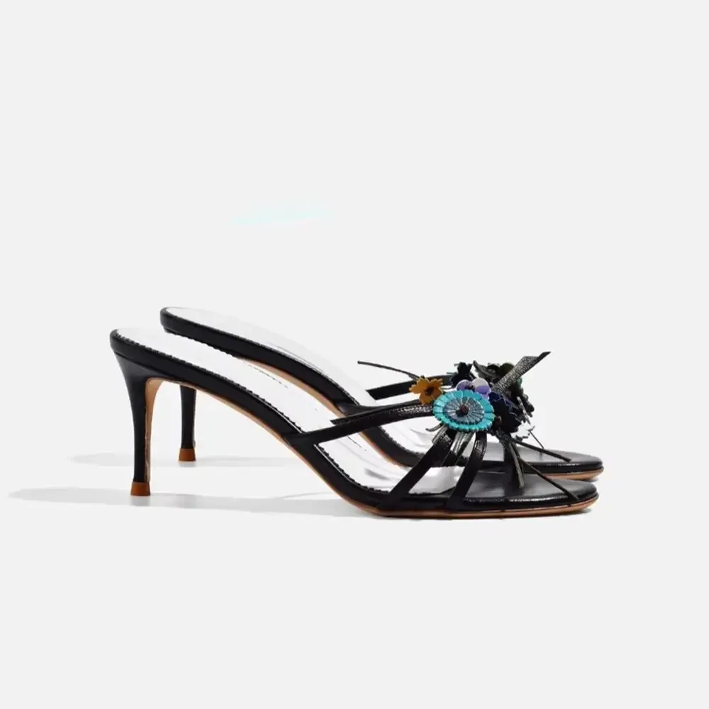 

Retro Flower Embellished High Heels Slippers Round Open Toe Pull-on Women Sandals Mules Slip-on Girl Stilettos Fashion 2025