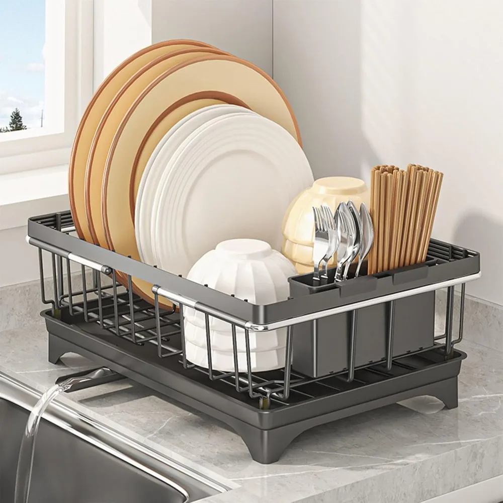 

Dish Drying Rack in Sink with Drainboard, Carbon Steel Drainers with Utensil, Easy Installation, Kitchen Storage Shelf