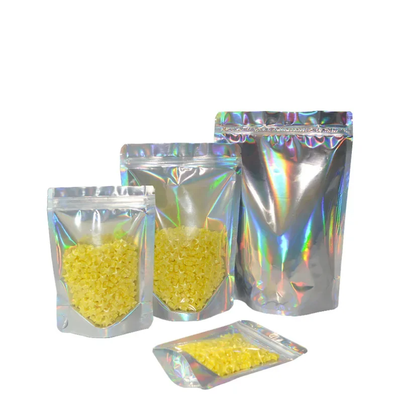 100pcs Laser Aluminum Foil Mylar Zip Lock bags Clear Hologram Rainbow Stand Up Zip Lock Plastic Packaging Bag with Tear Notch