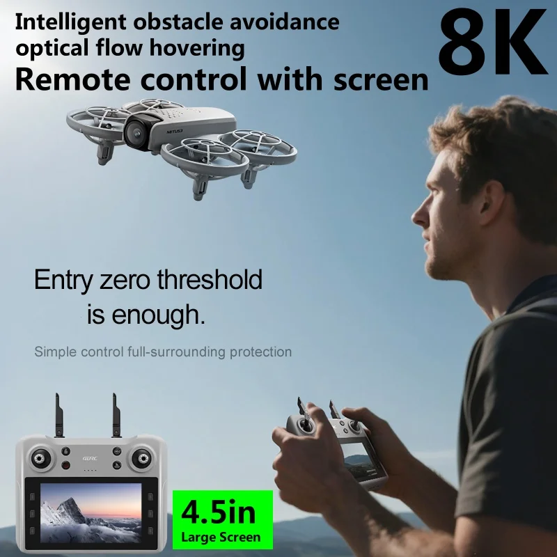 10CM Portable Pocket 4.5in Screen FPV Remote Control Quadcopter 8K Optical Flow Hover Obstacle Avoidance 360°Protection RC Drone