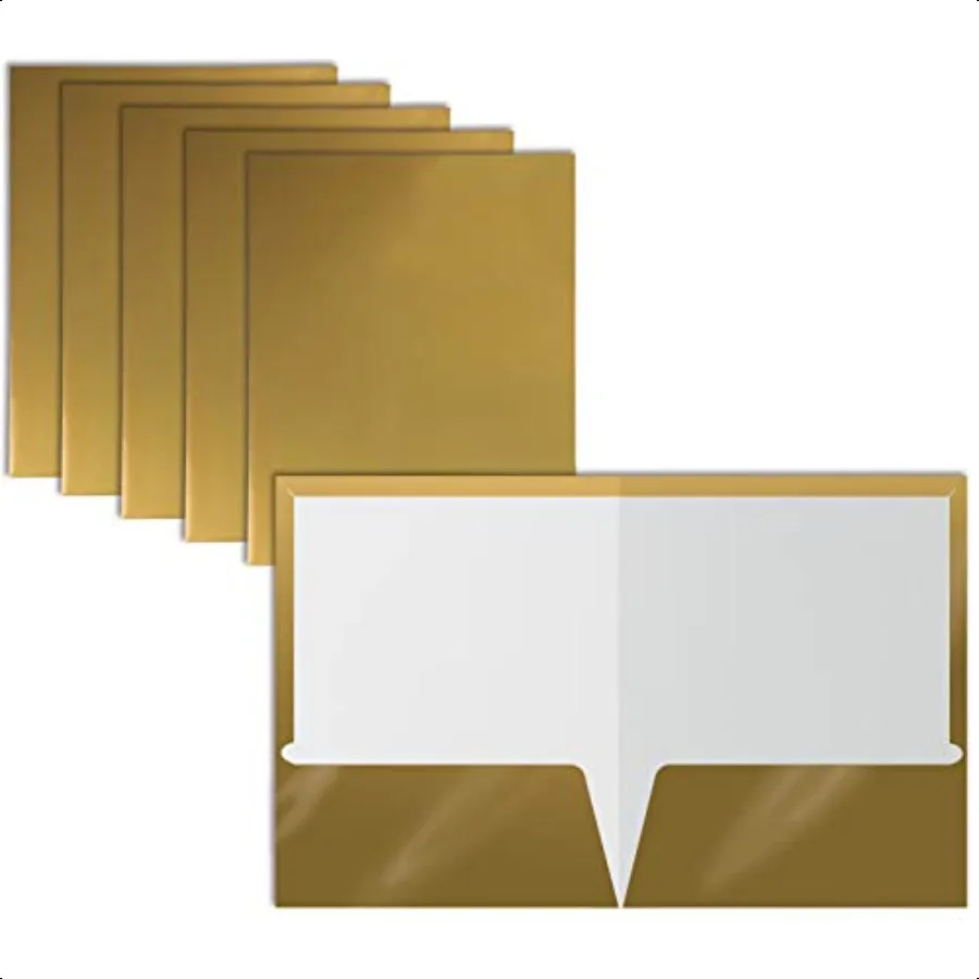 

2 Pocket Glossy Laminated Metallic Gold Paper Folders Letter Size 25 Pack Paper Portfolios Box of 25
