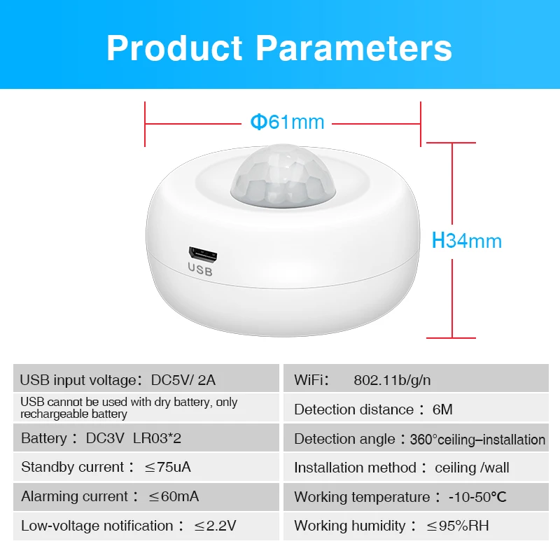 Czujnik ruchu Pir Alarm ruchu Zasilany przez USB Czujnik antywłamaniowy Alarm bezpieczeństwa Tuya Wifi Body Pir Sensor