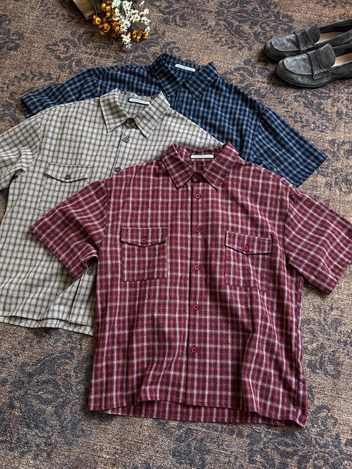 American Retro Loose Plaid Short Sleeve Shirt Men Summer Versatile Lazy Loose Casual Jacket Double Pocket Button up Shirt