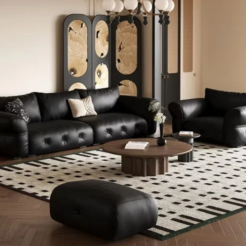 French Retro Genuine Leather Sofa, Button Tufted Solid Wood Frame Large Seating Depth Couch for Living Room Home Furniture