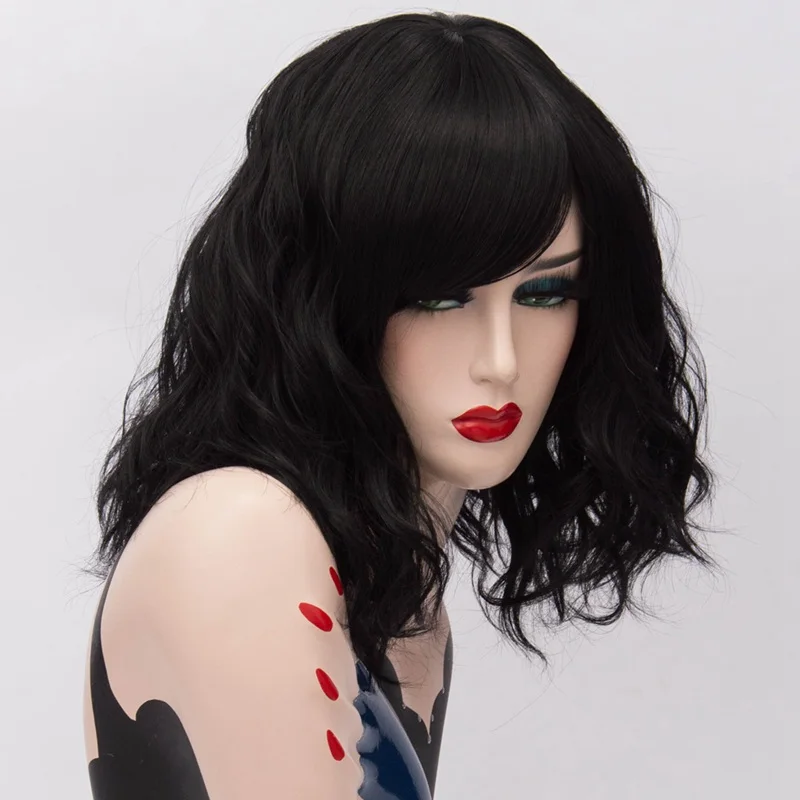 MSIWIGS Wig Hitam Sintetis Pendek Bergelombang Wanita dengan Poni Samping Tahan Panas untuk Cosplay Halloween & Pesta