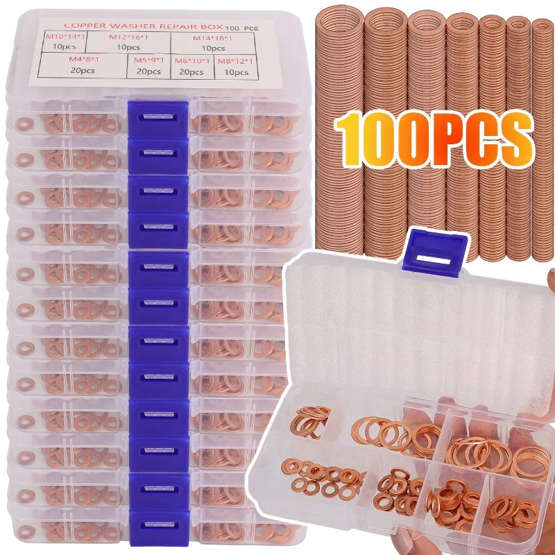 

100Pcs Copper Washer Gasket Set M4 M5 M6 M8 M10 M12 M14 Sump Plug Sealing Ring Oil Drain Gasket Kit For Car Boat Crush Washer