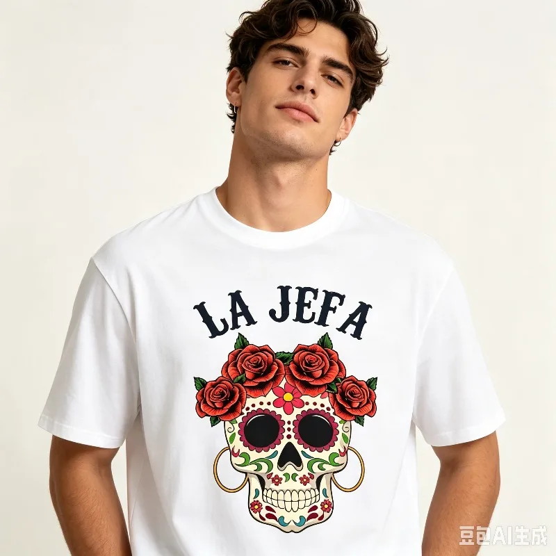 LA JEFA Sugar Skull Rose Graphic T-Shirt Modal Soft Crewneck Latin Fiesta Queen Humor Weekend Hangout Daily Outing Print Tee