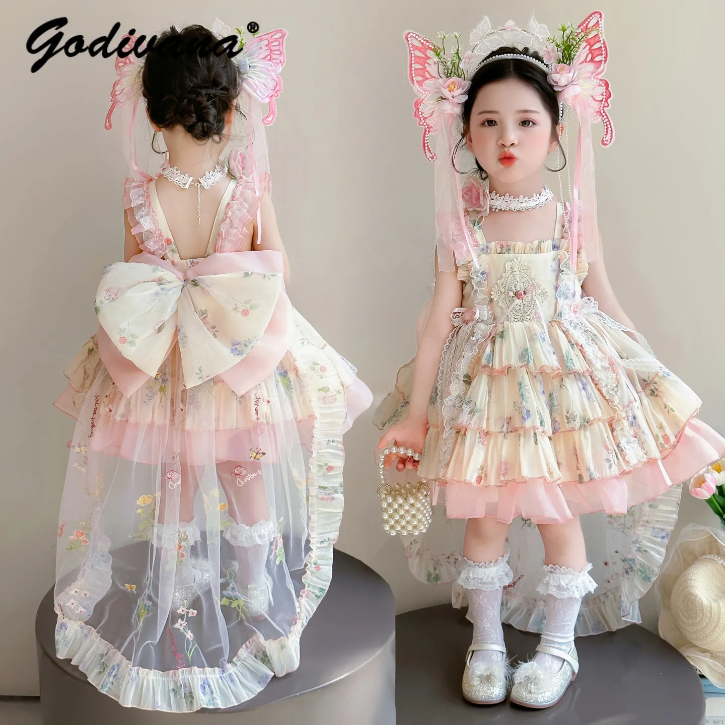Sweet Baby Girls High End Floral Lolita Princess Dress New 2026 Summer Childrens Sleeveless Lace Trim Bow Train Birthday Gown