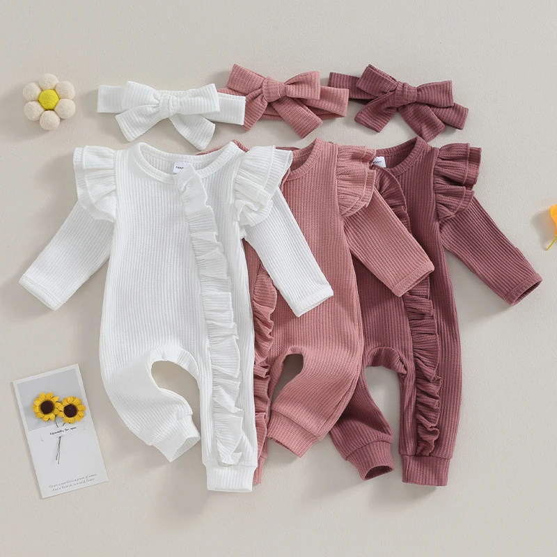 

Nebown Infant Girl Boy Spring Autumn Jumpsuit Solid Color Round Neck Flying Sleeve Ruffled Zipper Romper with Bow Headband