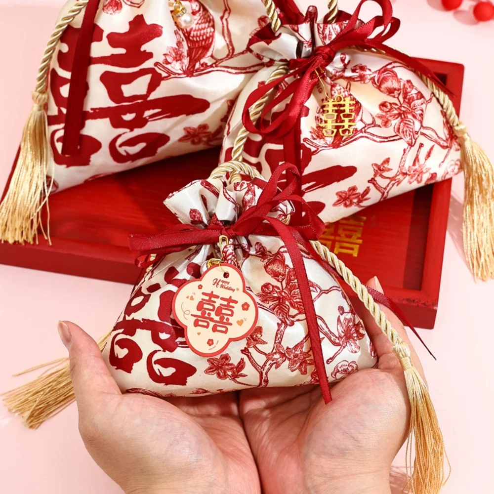 

Свадебный мешок для конфет, очаровательный бархатный тканевый мешок, подарочная упаковка, многоразовая коробка конфет с красным цветком и птицей для свадебных торжеств