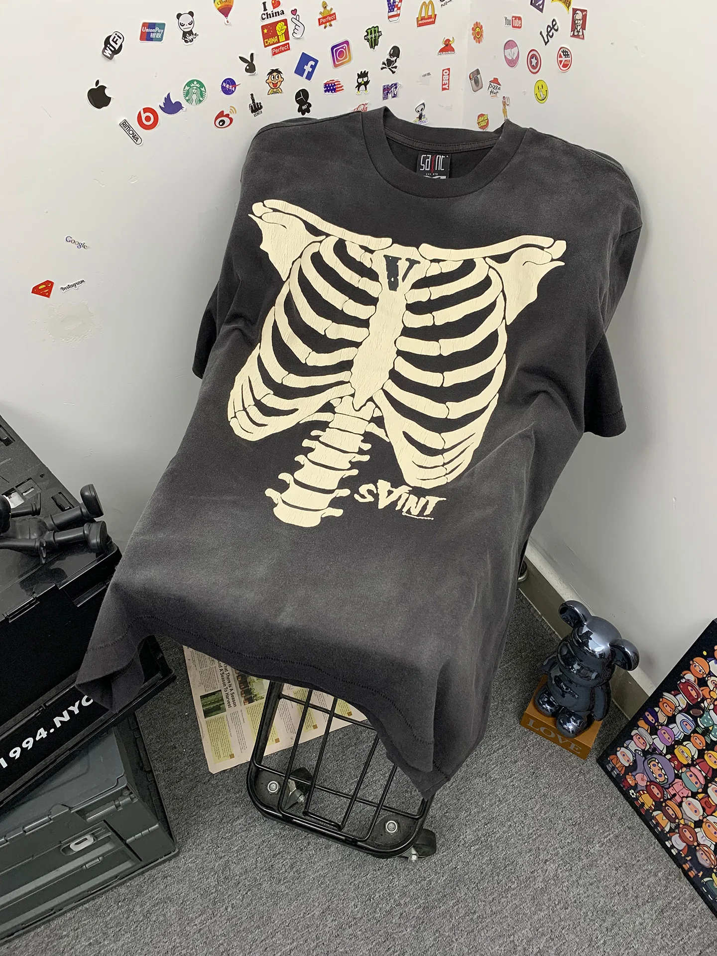 American High Street Style Skull Skeleton Crack Print Washed Vintage Loose Short Sleeve T-Shirt Casual Breathable Cotton Tee