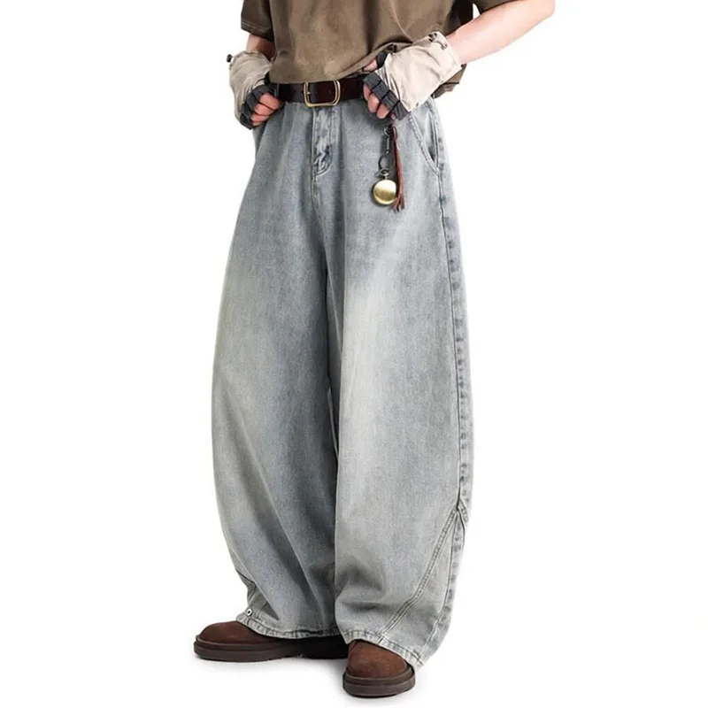 Retro Style Men Oversized Wide Leg Jeans Washed Vintage Baggy Distressed Denim Pants - view 2