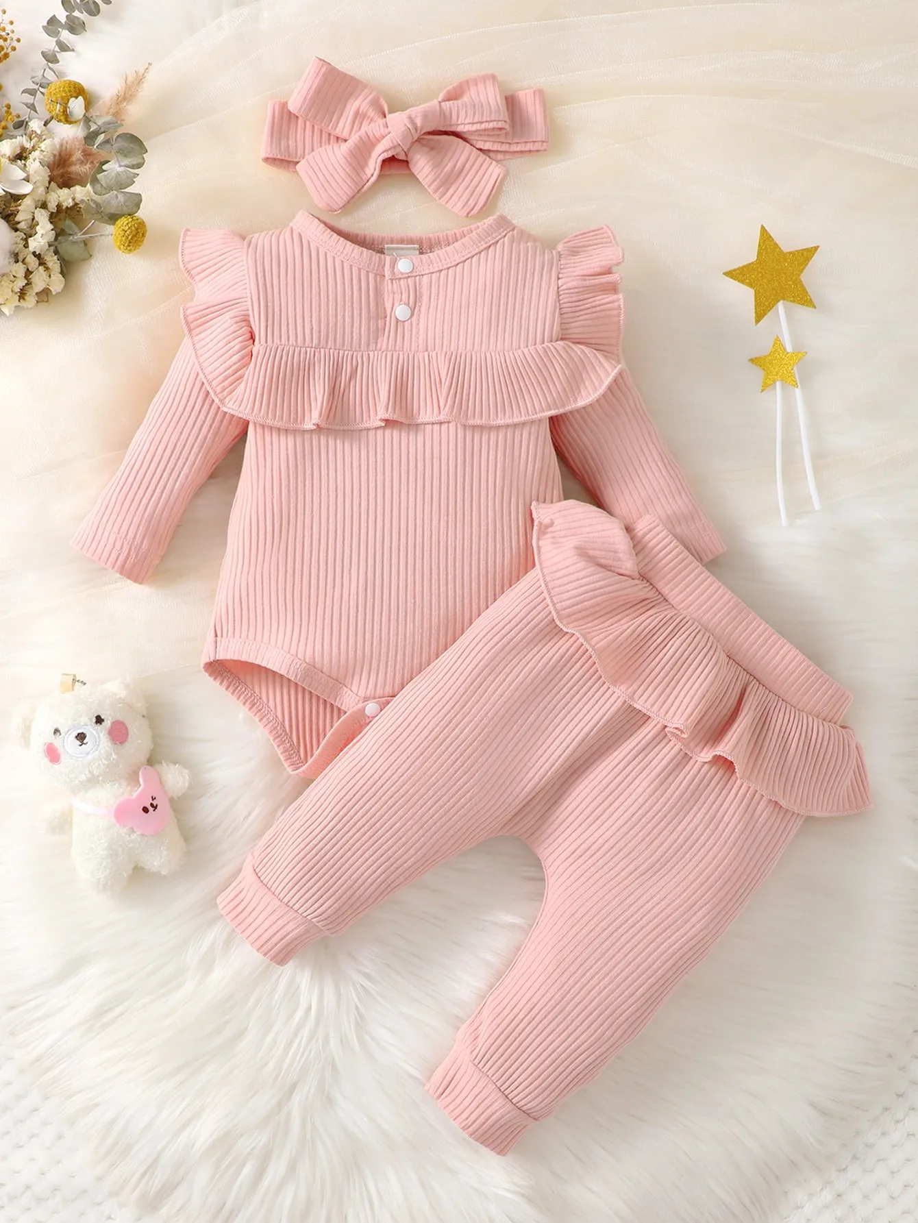 Spring And Autumn Baby Girl Ruffle Trim Bodysuit & Pants & Headband