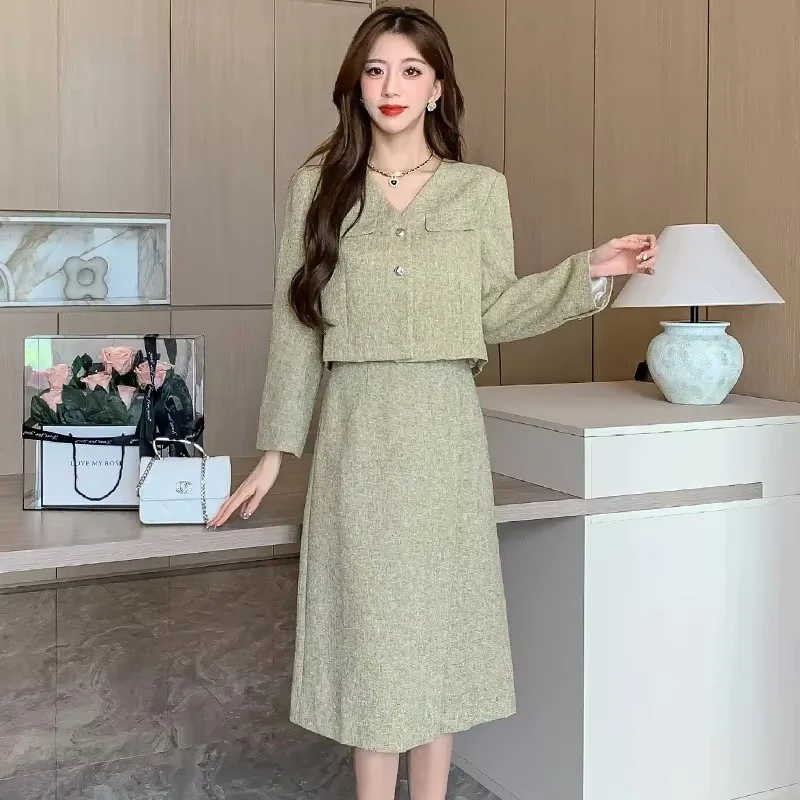 

Lnsozkdg 2024 Spring/autumn New French Vintage Elegant Skirt Suits Women Sophisticated Long Sleeves Jacket + Skirt Two Piece Set