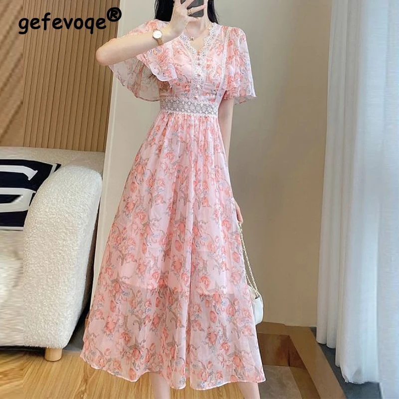 

Women's Lace Patchwork Floral Print High Waist Elegant Party Dresses 2023 Summer Fashion V Neck Short Sleeve Midi Dress Vestidos