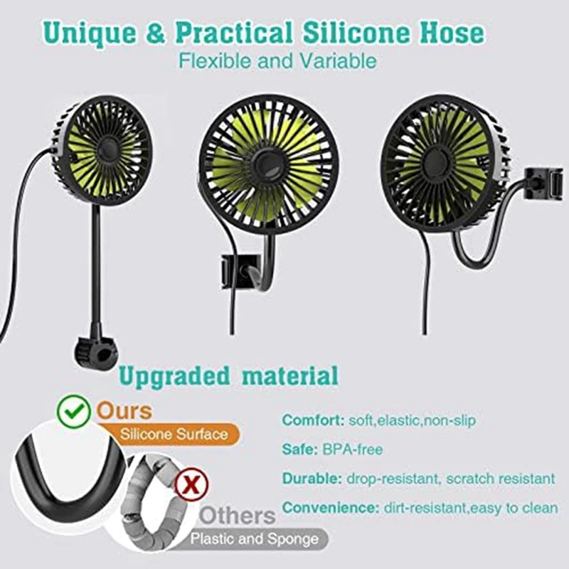 USB Car Fan For Backseat Car Cooling Fan Electric Car Seat Fan + Adjustable Clip