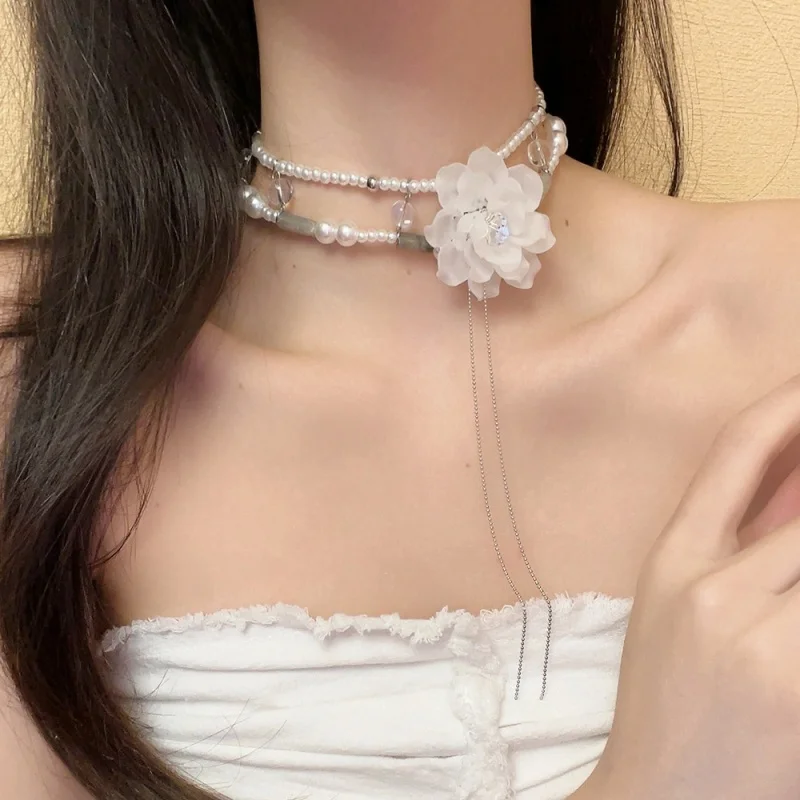 

Retro Court Style Camellia Necklace For Ins Accessories Double Layered Pearl And Jade Women s Collar Chain