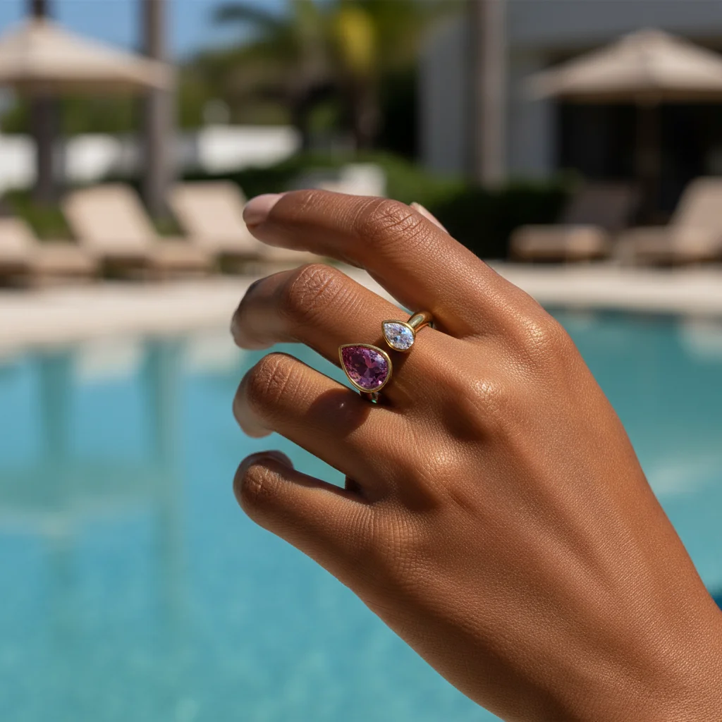 Modischer Damen-Ring mit Exquisitem Wassertropfen-Design aus Kubischem Zirkonia, 18K Vergoldet, Wasserfester Edelstahlschmuck – Detail 5