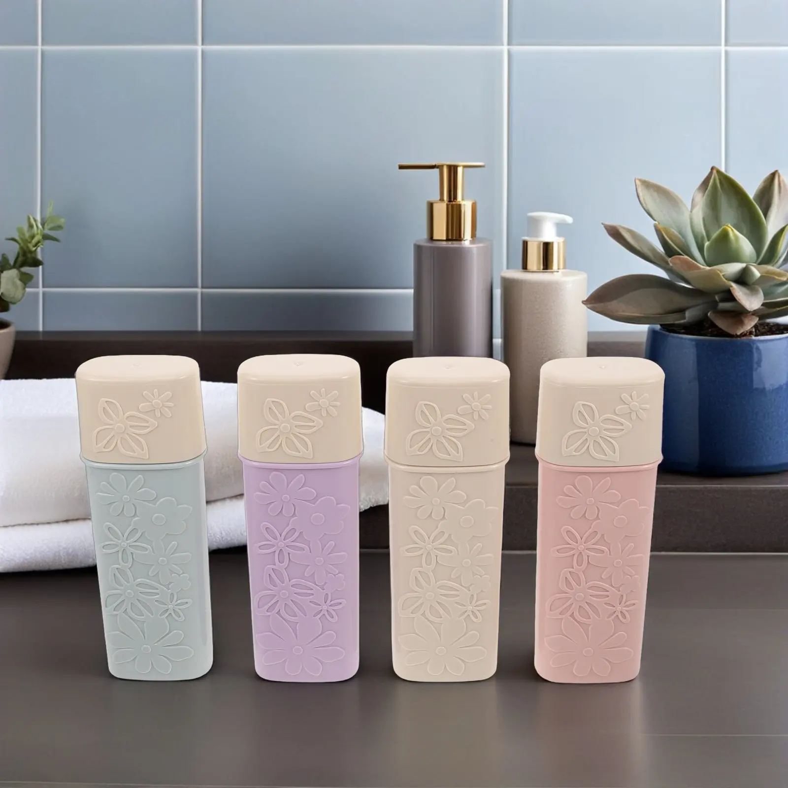 

Набор из 4-х резных однотонных держателей для зубных щеток с элегантным цветочным дизайном и пылезащитным чехлом для ванной комнаты, путешествий, портативное хранение зубных щеток