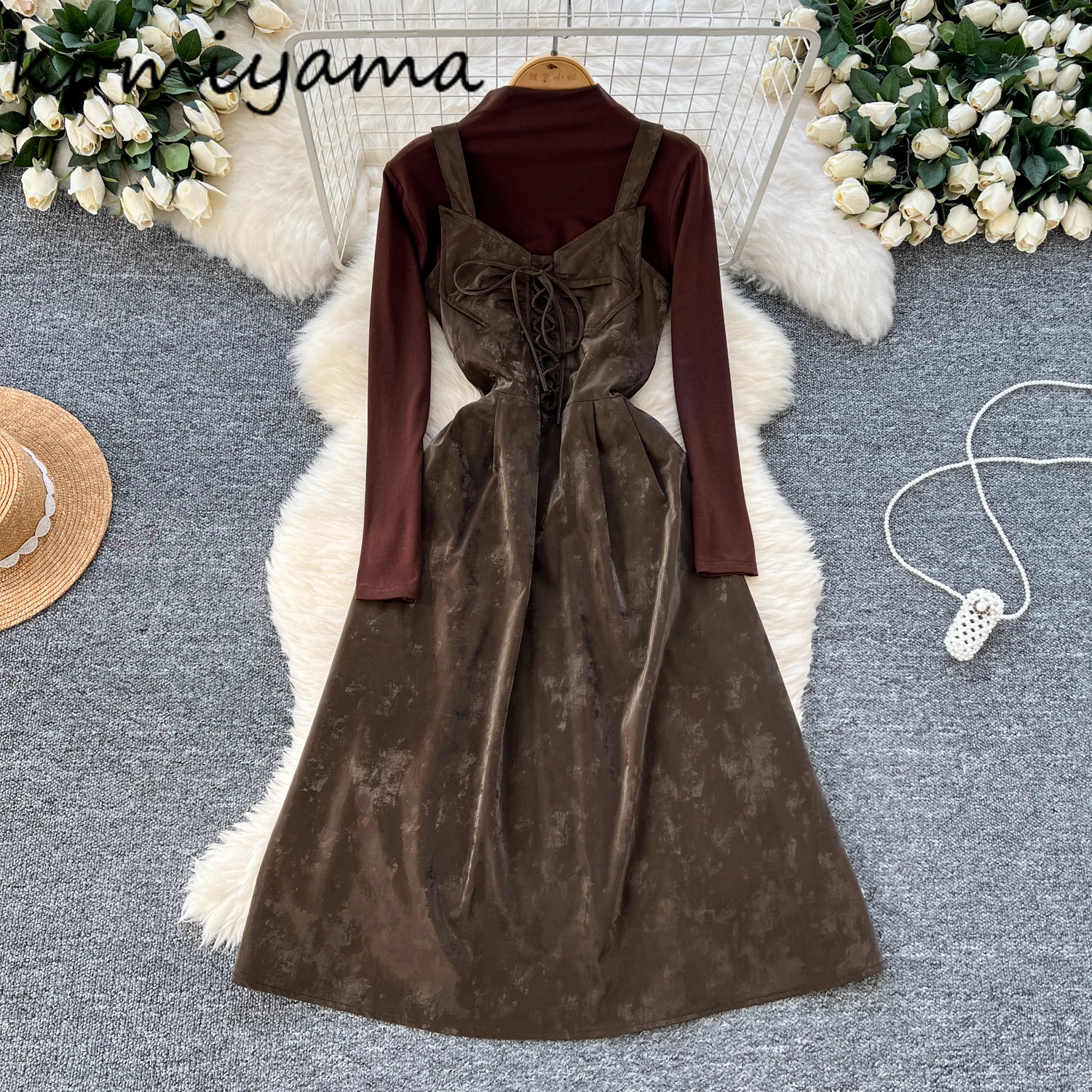 

Retro Woman 2025 Sets Bottomed Long Sleeve High Collar T Shirts Bandage Bow Spaghetti Strap Vestidos Trendy 2 Pieces Set