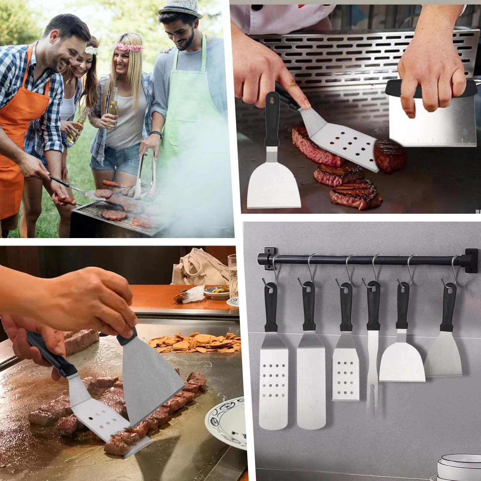Kit de accesorios para plancha de 29 piezas, juego completo de herramientas para barbacoa y teppanyaki, mangos ergonómicos antideslizantes, incluye botellas exprimibles, agitadores de condimentos, cepillo de limpieza, con ganchos para bolsas de almacenamiento, acero inoxidable de calidad alimentaria, apto para lavavajillas, para el hogar y camping.