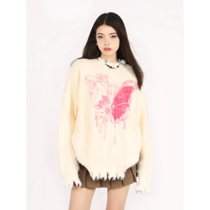 

American Vintage Butterfly Print Long Sleeve Sweater Winter Sweet Design Sense Knitwear Oversized Fashion Casual Women's Wear